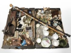 Two walking sticks, assorted figurines, crystal drinking glasses, metal wares, vintage cameras, etc.