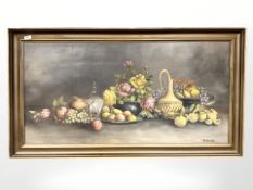 K Ulvig : Still life with fruit and pottery, oil on canvas, 109 cm x 54 cm.