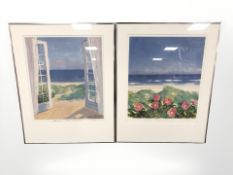 Danish School : View towards the ocean from sand dunes, two colour lithographs, similarly framed,