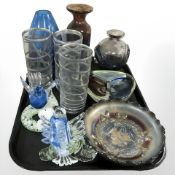 An Italian studio glass figure group of two birds, studio glass vases,