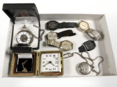 A group of gents quartz wristwatches, contemporary full hunter pocket watch, alarm travel timepiece.
