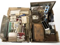 A group of ornaments, mantel time piece, boxed cutlery, recorder, vintage camera, etc.