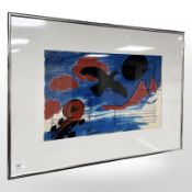 A Continental over painted print depicting a bird flying over a music score, 48 cm x 30 cm.