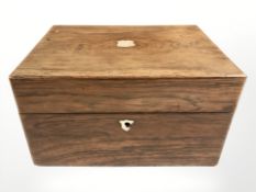 A Victorian rosewood and mother of pearl inlaid vanity box containing various EPNS lidded crystal