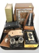 An Art Deco walnut mantel clock, a metronome, Brownie camera, plus another,