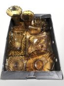 A group of amber glass dressing table items, vases, bowls, etc.