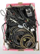 A quantity of musical instrument cables including Fender, Pentax camera, a further camera, etc.