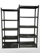 Two sets of plastic open shelves,