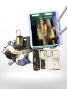 Clarke woodworker mitre saw and a crate on casters containing dremel, carpentry chisels, hardware,