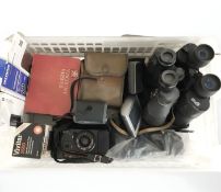 A pair of Denhill 10x50 binoculars, Optus 24x50 binoculars, Canon AF35M camera, Vivitar flash,