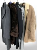 Six various lady's/gent's coats including a sheepskin-lined jacket, a gent's tweed blazer,
