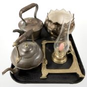 Two Victorian copper kettles, an Art Nouveau brass photo frame, small candle lamp and a bowl.