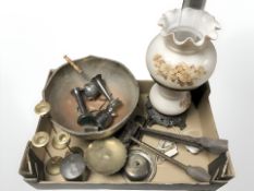 Metal wares including silver plated bunch bowl, vases, brass candle holders, hinges,