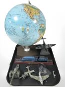A Danish scan globe, together with several die cast models, including a Mallard locomotive,