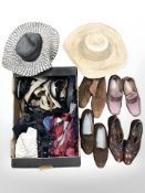 Several pairs of lady's shoes, summer hats, belts and bow ties.