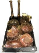 A group of amber and carnival glass.