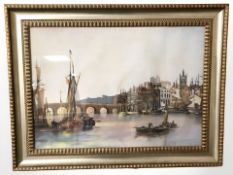 20th Century School : Sailboats moored on a river, with figures in rowing boats, watercolour,