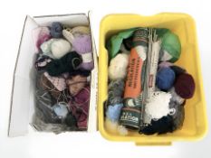 A quantity of wool, knitting needles, etc.