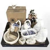 A boxed Gainsborough tea set together with Capo Di Monte tramp figure, blue and white ceramics,