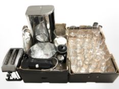 Two boxes of kitchen wares including glass, champagne glasses, toaster, coffee maker, bread bin,