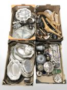 Four boxes of antique and later silver plated items, stainless steel cutlery, pewter teapot,