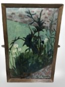 Ken Stewart : Flowers by a pathway, oil on board, 38 cm x 61 cm.