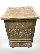 A brass embossed storage box, fitted a drawer, height 51 cm.
