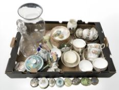 Three boxes of ceramics, glass, part Paragon tea china, decorative ornaments,