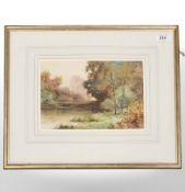 Lester James : A River Landscape with Post and Rail Fence Beyond, watercolour, signed,
