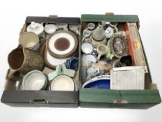 Two boxes containing ceramics including Denby ware, Pyrex rolling pin, lidded stein, etc.