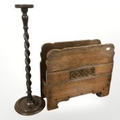 An Edwardian oak barley twist stand, together with an oak magazine rack.