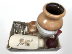 A box containing a large pottery vase, carnival glass, ceramic Will Young pottery figures,
