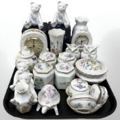 A group of Aynsley china to include mantel clock, trinket pots, teddy bear ornaments, etc.