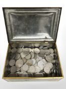 A tin containing a large quantity of half crowns, mid-20th century coins, etc.