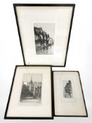 Three antique etchings depicting views of buildings, the guild hall, the weavers, Canterbury.