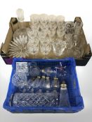 Two crates of crystal and glass, decanter, vases, wine glasses.