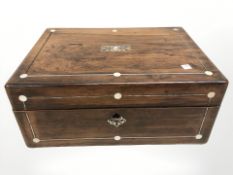 A Victorian rosewood mother of pearl inlaid work box, width 30 cm.