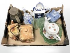 A box containing ceramics and green glass ware including cottage ware biscuit barrel and teapot,