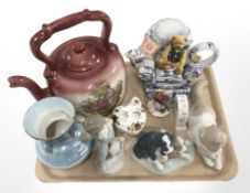 A group of ceramics to include Nao cat, large Staffordshire teapot, two further Nao figures,