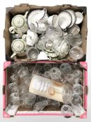 Two boxes of china, glass, crystal decanter, Sheraton tea china, Maling ash tray.