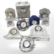 Ten crystal and cut glass clocks including Edinburgh Crystal, etc.