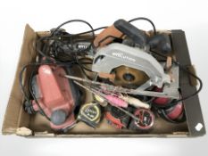 An Evolution circular saw, Titan angle grinder, a planer, tape measures, ear defenders, drill bits.