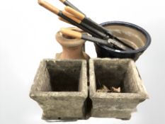 A pair of concrete garden planters, chimney pot cap, jardiniere,