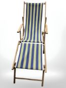 A folding deck chair.