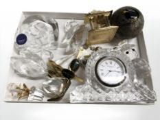 A group of crystal ornaments to include Swarovski swans, a Waterford Crystal bedroom clock, etc.