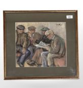 Richard Flynn : Four Men Sitting in a Bar, pastel, signed, 29 cm x 31 cm, framed.