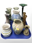 A group of studio pottery, amber glass candlesticks, etc.