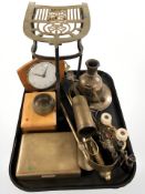 A group of metal wares and brass, a Metamec mantel clock, binoculars, key rings, etc.