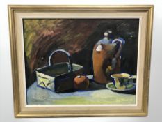 Eyv Olssen : Still life with pottery and fruit, oil on canvas, 63 cm x 49 cm.