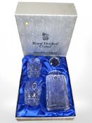 A Royal Doulton crystal decanter and pair of glass tumbler set, in box.